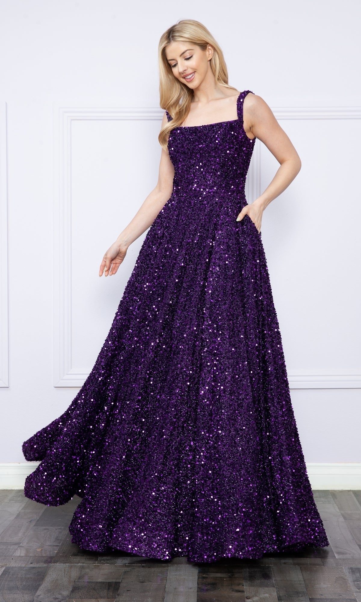 Long Sequin-Velvet A-Line Prom Dress with Pockets PromGirl Long Sequin-Velvet A-Line Prom Dress with Pockets PromGirl