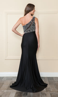 A woman stands with her back to the camera in front of a beige wall, wearing the floor-length Poly USA 9116 one-shoulder long jersey prom dress featuring a beaded top.