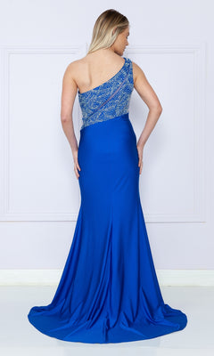 A woman wearing the Poly USA 9116 One-Shoulder Long Jersey Prom Dress with a beaded bodice, in blue, stands facing away from the camera against a light-colored wall.