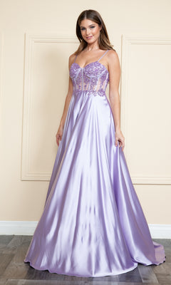 A woman wears the Sheer-Corset Long Satin Prom Dress (Poly USA 9126), featuring lavender satin, an embroidered corset bodice, and a full, floor-length a-line skirt.
