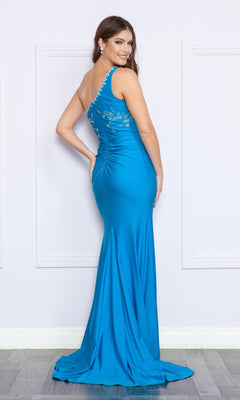 Woman in the One-Shoulder Long Beaded Prom Dress: Poly USA 9136 stands facing away from the camera, smiling over her shoulder in this fitted gown with sparkling beaded details.