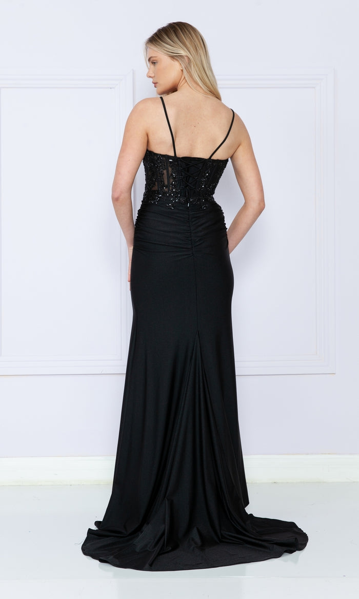 Sheer-Bodice Long V-Neck Prom Dress 9138