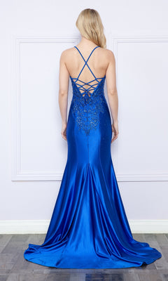 Woman in the Embroidered-Lace-Bodice Long Jersey Prom Dress 9142 stands against a white wall, showcasing its fitted floor-length silhouette—an elegant formal gown under $250, perfect for any special occasion.