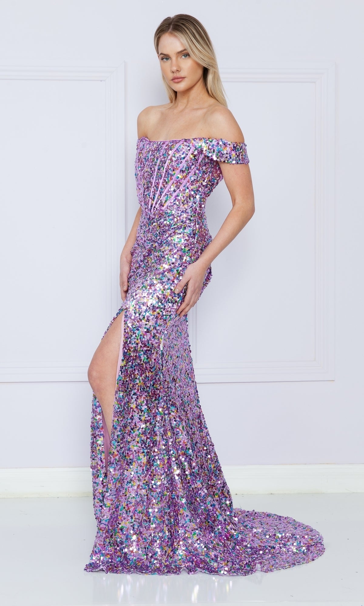 Off-Shoulder Long Sequin Corset Prom Dress 9150