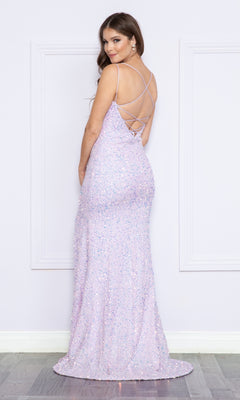 Woman in the Open-Back Long Sequin-Velvet Prom Dress 9158, featuring a fitted silhouette and crisscross straps on the open back, stands against a white wall.