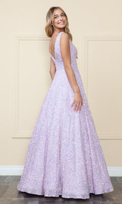 A woman stands indoors wearing the Long Black Sequin A-Line Prom Dress 9168, a floor-length sleeveless gown adorned with sparkling sequins, as she looks over her shoulder and smiles.