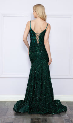 A woman faces away, wearing the Long Sequin Prom Dress with Lace-Up Back 9172— a dark green, floor-length gown with thin straps, a corset bodice, and lace-up back detail.