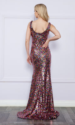 A woman with long blonde hair faces away from the camera, wearing the Scoop-Neck Long Sequin Prom Dress 9174—a sleeveless, floor-length, multicolored gown.