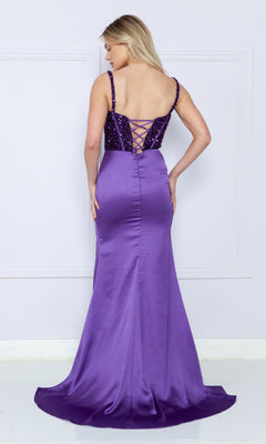 A woman in the Lace-Up Sequin-Bodice Long Satin Prom Dress 9176, featuring a corset-style sequin bodice and flowing satin skirt, stands against a light wall, facing away from the camera.