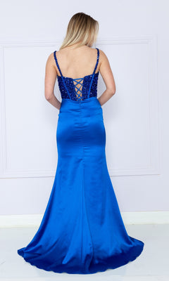 A woman faces away, wearing the Lace-Up Sequin-Bodice Long Satin Prom Dress 9176 in royal blue, featuring a fitted bodice with sequin detail and a lace-up back.