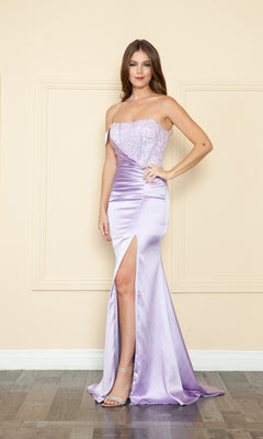 A woman wearing the lavender One-Shoulder Sequin-Bodice Long Prom Dress 9178, featuring a high slit, stands indoors on a wooden floor facing the camera.