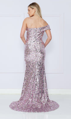 A woman stands facing away in the One-Shoulder Long Sequin Prom Dress 9180—a pink formal gown with shimmering sequins and a slight train flowing to the floor.