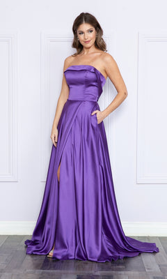 A woman poses before a white wall wearing the Strapless Long A-Line Prom Dress with Pockets in purple, featuring a lace-up back, front slit, and floor-length satin design.