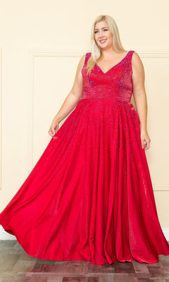 A woman in the Embellished Plus-Size Long V-Neck Prom Dress W1110 stands on a wood floor, holding out the sides of her sleeveless, floor-length gown.