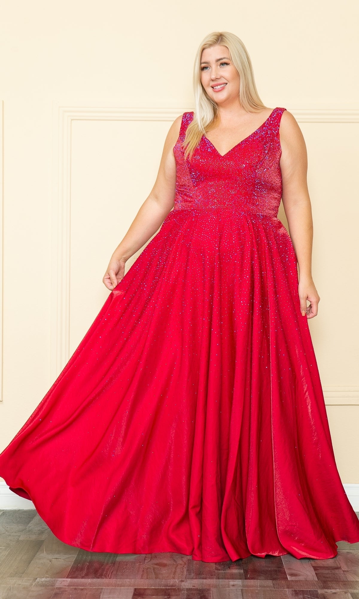 Embellished Plus-Size Long V-Neck Prom Dress W1110