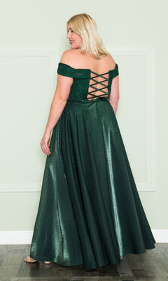 A woman wearing the Plus-Size Long Beaded Prom Dress with Pockets W1112, a floor-length dark green gown with a lace-up back, stands facing away from the camera.