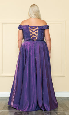 A woman with blonde hair models the Plus-Size Long Beaded Prom Dress with Pockets W1112—a purple, floor-length, off-the-shoulder gown with a lace-up back—standing and facing away from the camera.