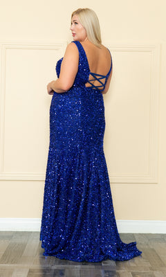 A woman stands with her back to the camera wearing the Velvet-Sequin Plus-Size Long Prom Dress W1122, a sleeveless, floor-length blue gown with an open back and crisscross strap detail.