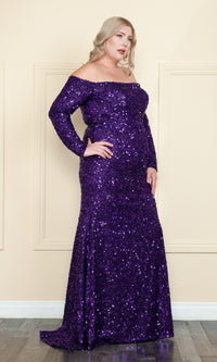 Long Sleeve Plus-Size Long Sequin Prom Dress W8876