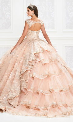A woman in the Princesa Traditional Lace Quinceañera Dress PR12002, a light pink layered ball gown with lace and sequin accents and a corset back, wears a tiara as she stands in an ornate white room facing away.