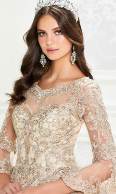 A woman wearing the Princesa PR12004 Quinceañera Dress with bell sleeves, a jeweled crown, and chandelier earrings poses against a light background.