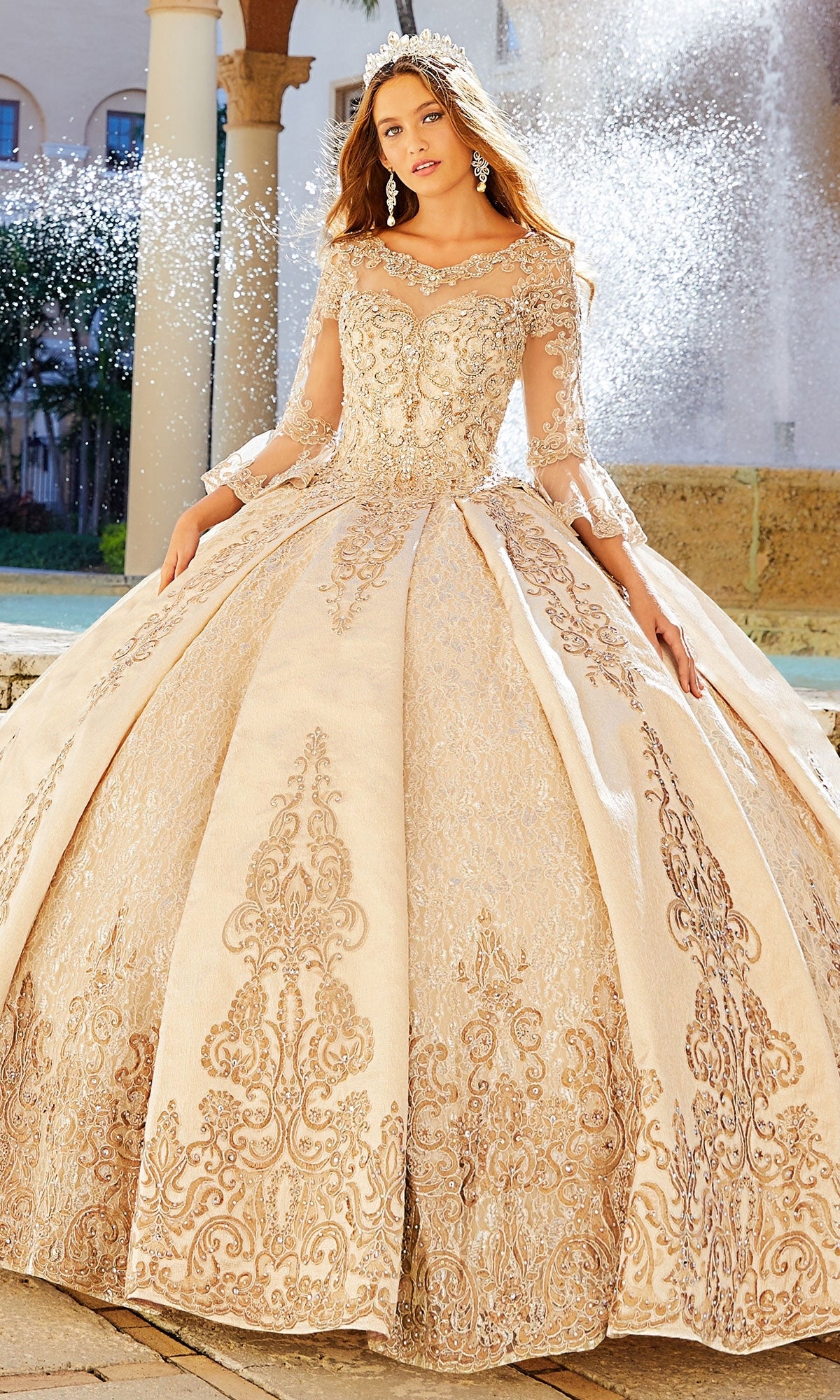 green emerald velvet dress Princesa PR12004 Quinceañera Dress with Bell Sleeves Antique Gold / 00
