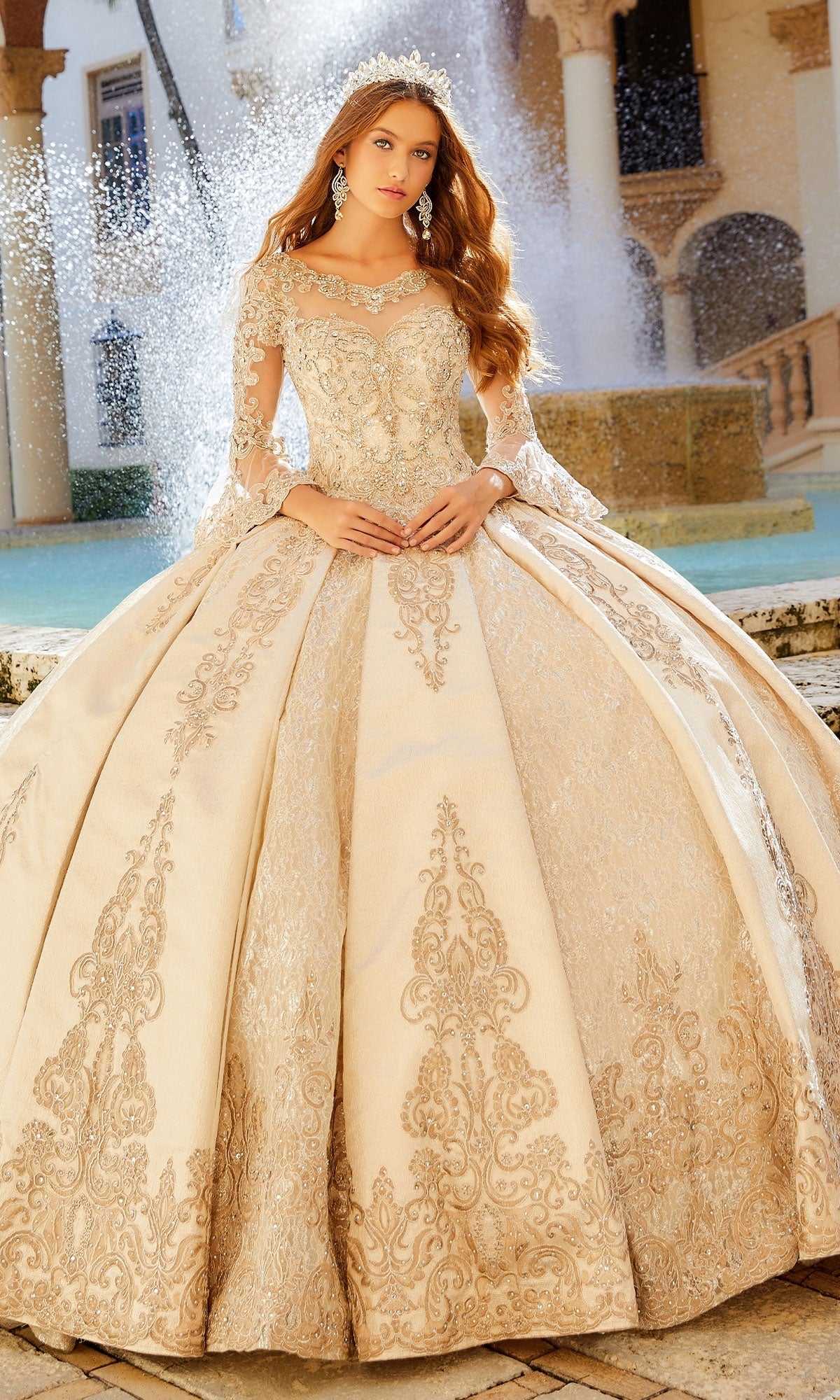 Princesa PR12004 Quinceañera Dress with Bell Sleeves Antique Gold / 00