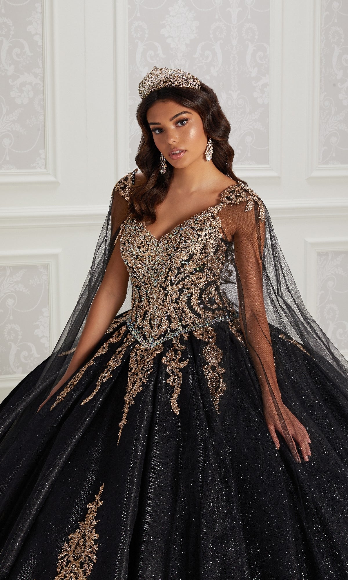 gold and black quince dress Off Shoulder Satin Quinceanera Ball Gown Embellished with Gold Embroidery  GLGL3098 main image 0