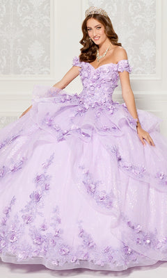 A woman in the Quinceanera Dress PR30113 By Princesa, a sparkling lavender off-the-shoulder gown with floral appliqué and flounced tulle skirt, poses elegantly wearing a tiara and necklace.