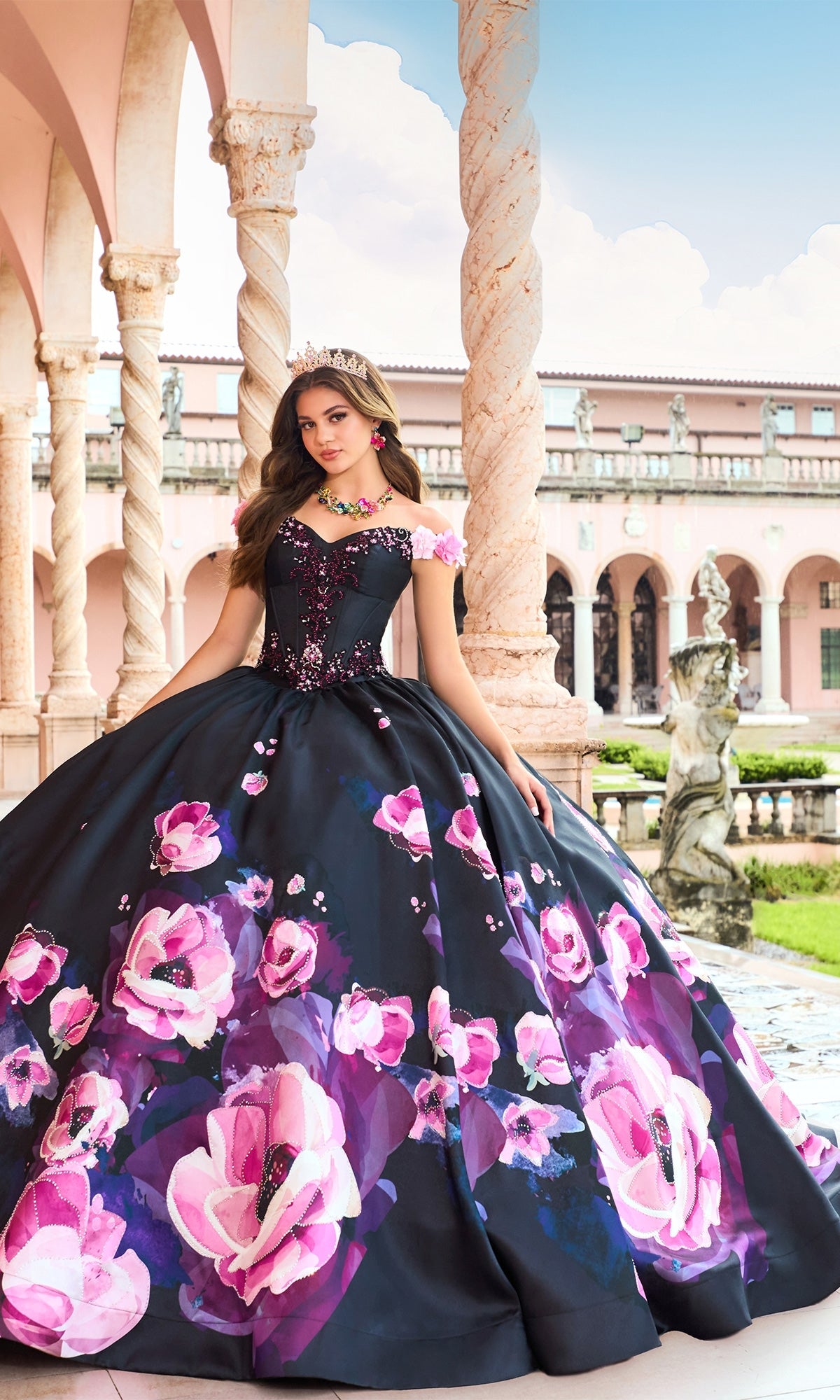 Pink Floral Black Quinceanera Dress: Princesa PR30151 Black/Pink / 00 Pink Floral Black Quinceanera Dress: Princesa PR30151 Black/Pink / 00