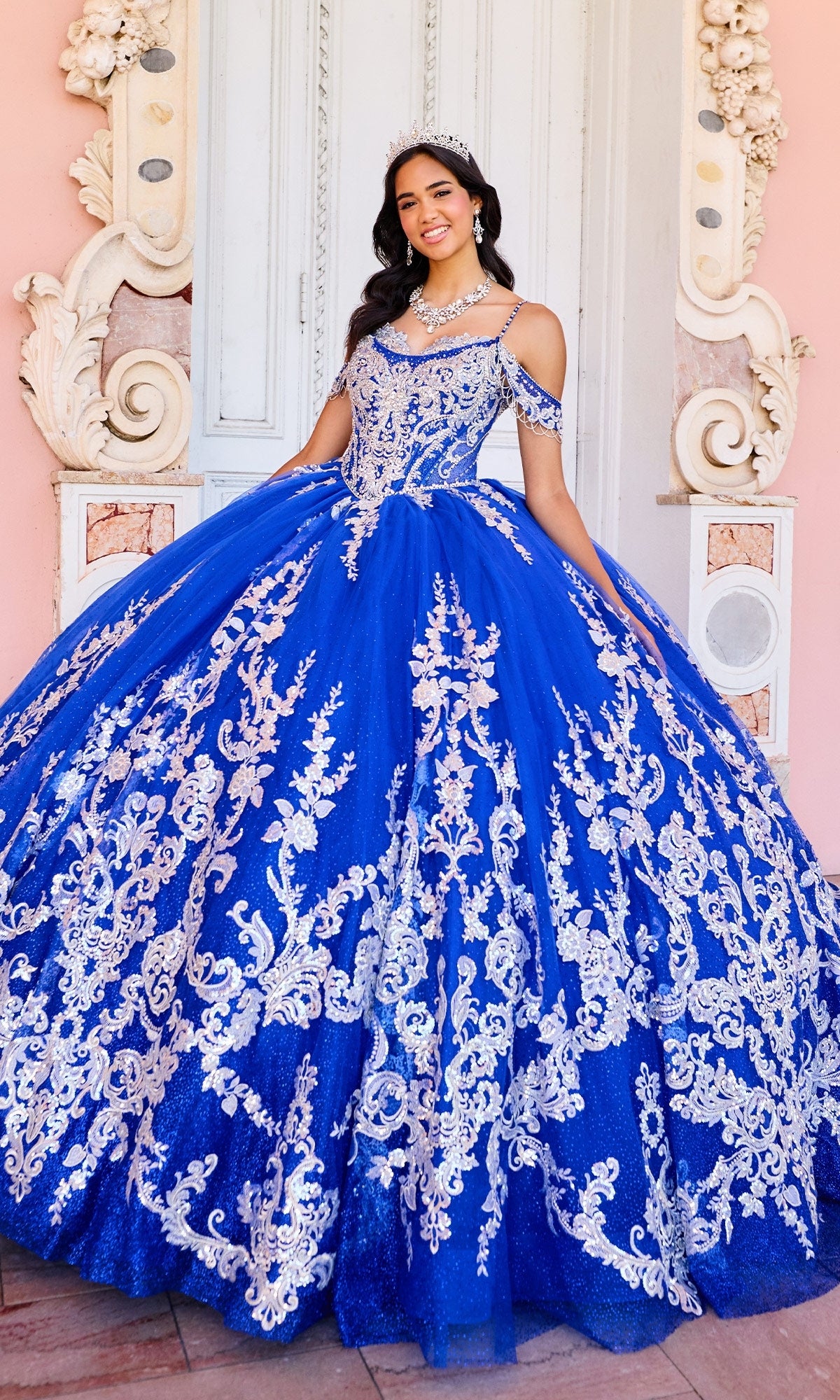 quinceanera dresses royal blue and silver Ball Gown Quinceanera Dresses Sweet 16 Prom Dress Royal Blue and Gold Embroidered Lace Glitter Sequins Applique Pearl Designer Princess Homecoming Wedding Dress Long Train 16 at Amazon Women's Clothing store