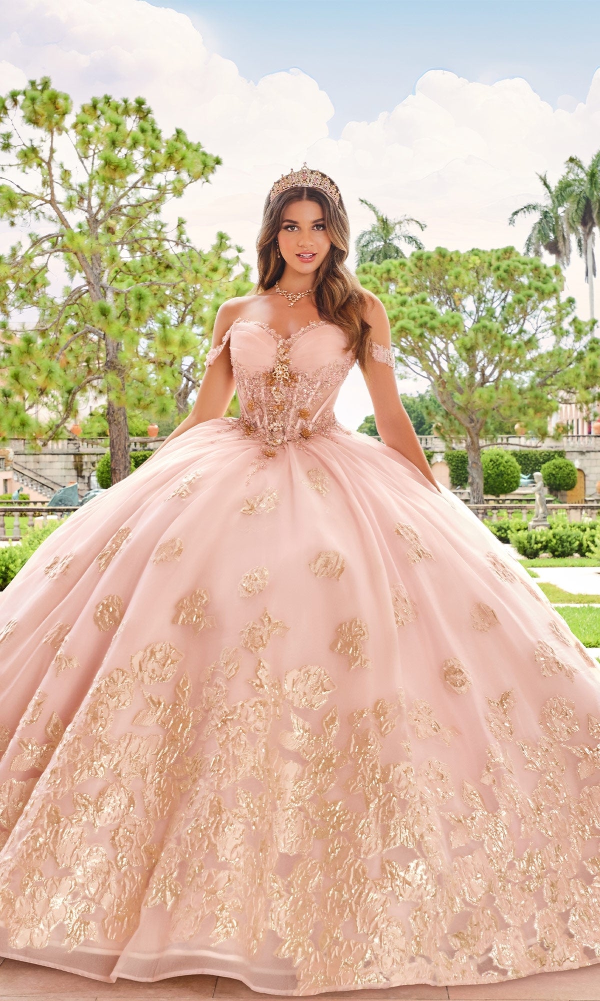 quince dresses pink and gold Off Shoulder Tulle Quinceanera With Lace Appliques / 2 Perfect for Special Occasions Princesa PR30154 Long Quinceanera Dress