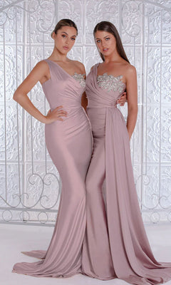 Two women stand side by side in mauve, floor-length Long Formal Dress PS21219 by Portia and Scarlett, featuring fitted silhouettes with silver sequin details and embellished sweetheart necklines, posing against an ornate white background.