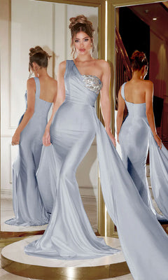 A woman models the Long Formal Dress PS21219 by Portia and Scarlett, a pale blue one-shoulder gown with a silver embellished bodice and fitted silhouette, posing in front of mirrors to display the dress from various angles.
