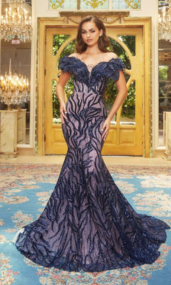 A woman stands indoors in the Long Prom Dress PS22227 by Portia and Scarlett, featuring off-the-shoulder navy/nude sequins. Ornate gold doors and chandeliers complete the elegant background.