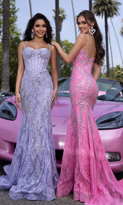 Two women stand before a pink convertible and palm trees, one wearing the Portia and Scarlett PS25150 long prom dress in lilac/silver with embellishments and a corset bodice.