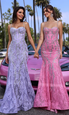 Two women wearing the Portia and Scarlett PS25150 long prom dress in Pink/Silver, embellished with crystals, stand holding hands in front of a pink car, with palm trees swaying in the background.