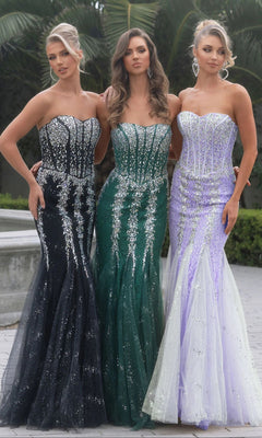 Outdoors, three women stand side by side wearing the Portia and Scarlett PS25169 long prom dress in black, green, and lavender sequin styles.