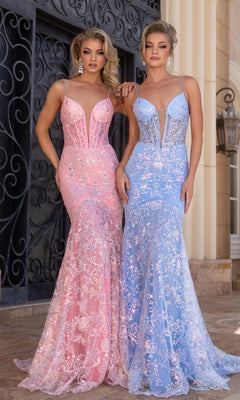 Two women wear Portia and Scarlett PS25234 long prom dresses—one in pink, one in light blue—with fitted silhouettes, sheer corset bodices, thin straps, and floral lace beaded embellishments.