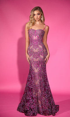 A woman stands against a pink background wearing the Portia and Scarlett PS25251 long prom dress featuring a magenta hue, corset bodice, intricate lace, and sequin detailing.