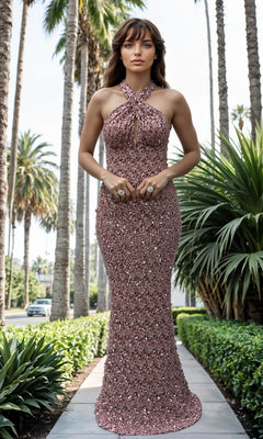 A woman in the Portia and Scarlett PS25615E long prom dress stands on a palm tree-lined sidewalk.