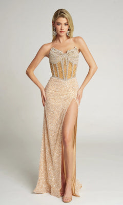 A woman models the Portia and Scarlett PS25990C long prom dress in silver/nude, featuring a sparkling floor-length design, high leg slit, and sheer corset bodice against a plain background.