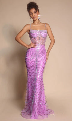 A woman poses in the Portia and Scarlett PS26095 long formal dress, fitted and floor-length with thin straps and rhinestone embellishments, shimmering in lilac against a plain beige background.