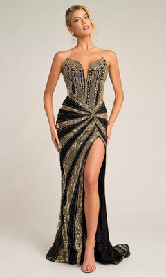 A woman stands against a plain background in the Portia and Scarlett PS26431C long formal dress, featuring a strapless black and gold beaded design, plunging v-neckline, floor-length skirt, and high leg slit.
