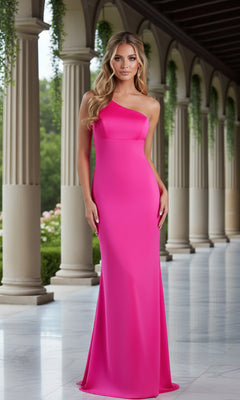 A woman stands in a corridor with columns, wearing the PromGirl Shimmer One-Shoulder Long Prom Dress in neon pink, radiating elegance and style.