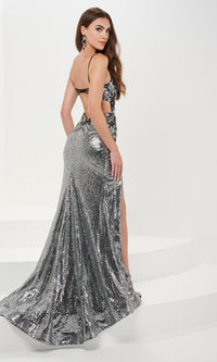 Sheer-Waist Long Silver Sequin Prom Dress 14169