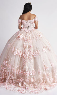 A woman with long dark hair, seen from behind, wears the Nina Canacci Q102 Long Quinceanera Dress featuring an off-the-shoulder design, pink 3D floral appliques, and a lace-up back.