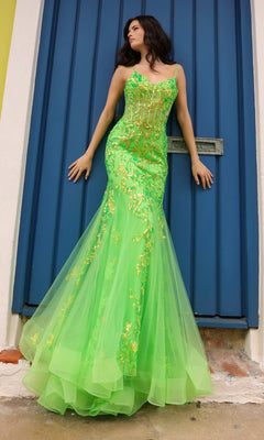 A woman wearing the Sequin-Lace Long Neon Mermaid Prom Dress Q1390 stands before a tall, blue paneled door.