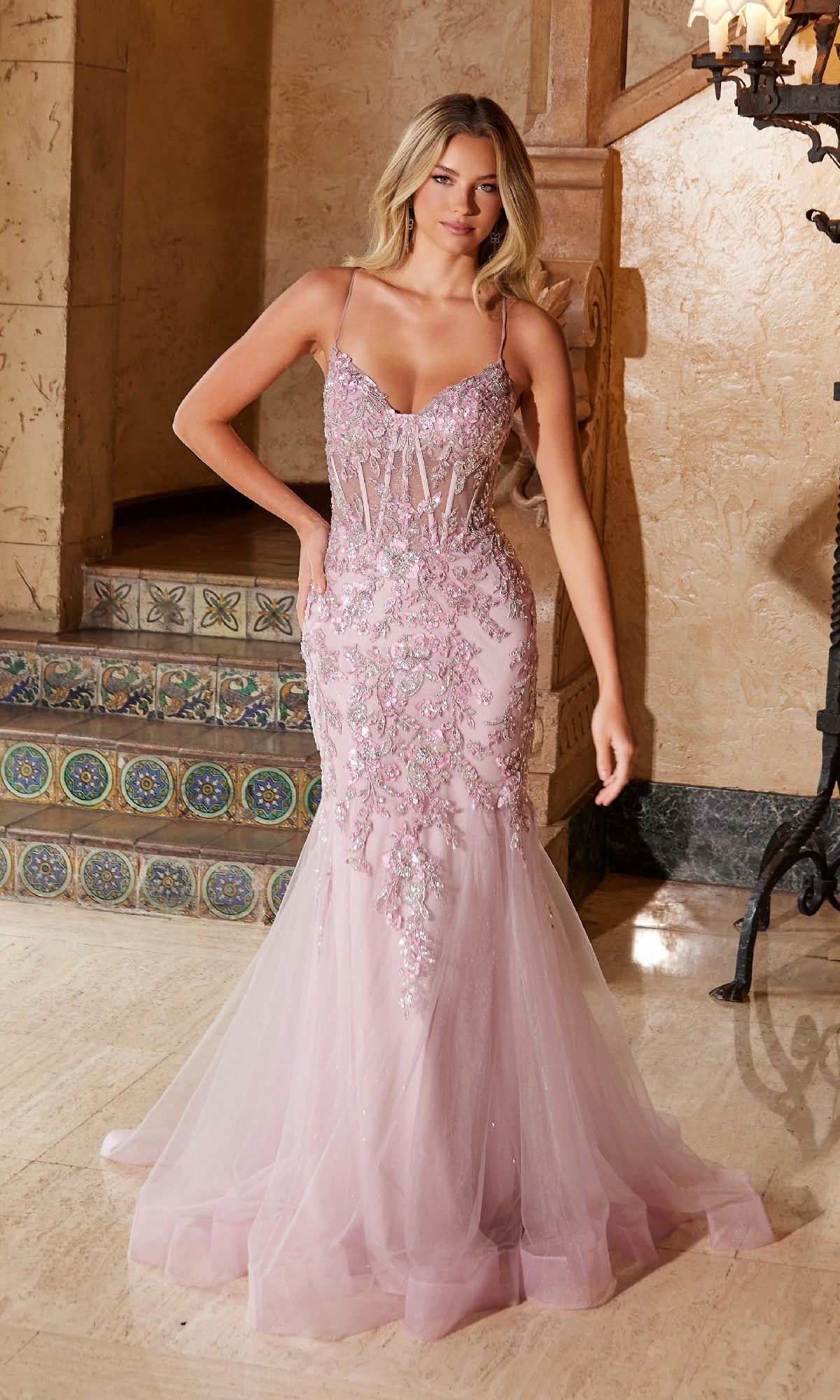 Long Embroidered Mermaid Prom Dress with Sheer Corset Powder Blue / 12