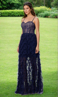 Long Navy Blue Ruffle Prom Dress with Lace Bodice